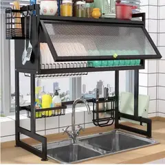 GENERICO - ESCURRIDOR DE PLATOS 85 CM CON TAPA NEGRO + ORGANIZADOR DE TAPAS Y OLLAS 8 NIVELES