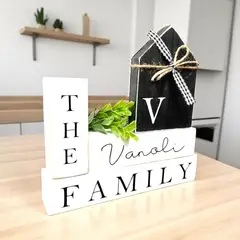 BOSQUE INVERNAL DECORACION ECO ALTERNATIVA - Adorno de madera personalizable Family Block cuatro piezas