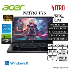 ACER - LAPTOP NITRO V15 INTEL I5-13420H 8GB DRR5 512SSD 6GB RTX3050 15.6 FHD 144HZ WIN11