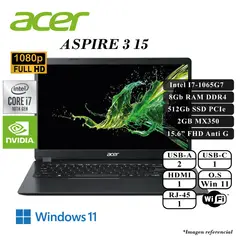 ACER - LAPTOP ASPIRE 3 INTEL I7-1065G7 8GB RAM 512GB SSD2GB NVIDIA MX330 15.6 FHD