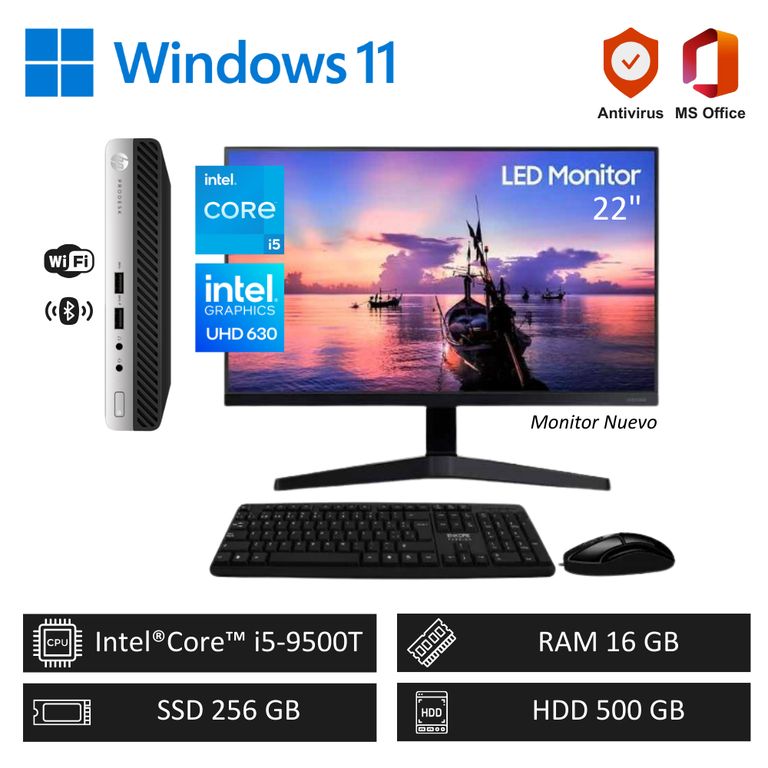Computadora PC Intel ci5-9500T 16GB RAM 256GB SSD+500GB HDD + Monitor 22” FHD