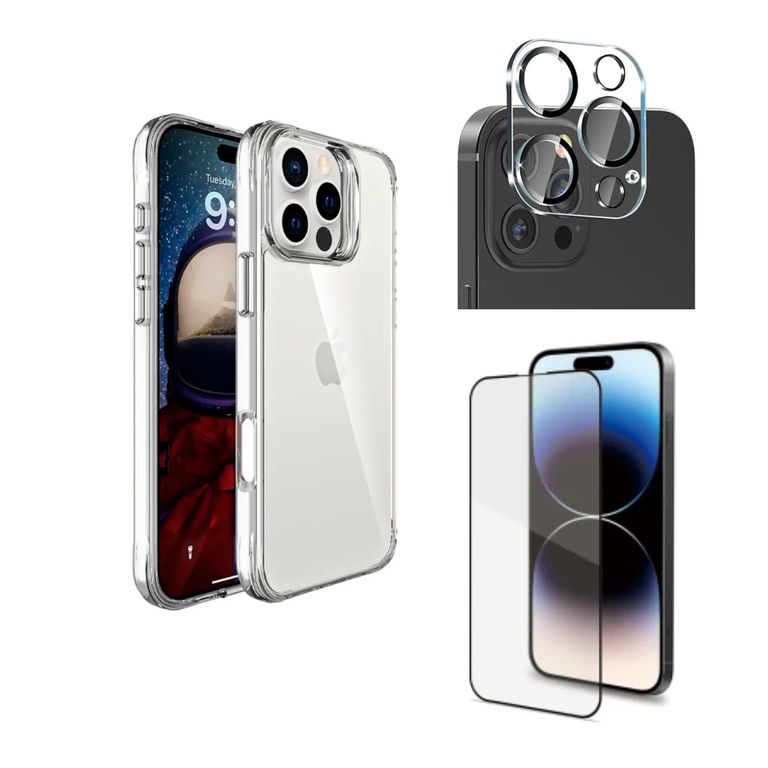 TRANSPARENTE + MICA DE PANTALLA + MICA DE CÁMARA PARA 16 PRO