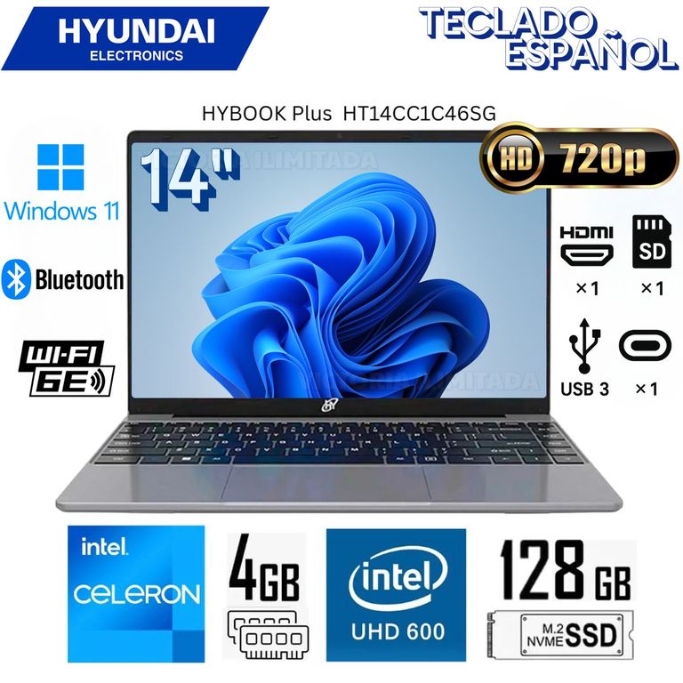 Laptop Hybook Plus Intel Celeron N4020 4GB RAM 125GB SSD 14" HD WIN 11 - Gris HT14CC1C46SG