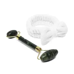 GENERICO - Rodillo Masajeador Facial Piedra Jade + Diadema Skincare