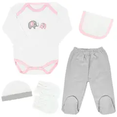 GENERICO - Ajuar Bebe - Algodón - Elefante - 6 piezas - Rosado