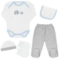 GENERICO - Ajuar Algodón - Elefante - 6 piezas - Celeste G - Talla RN