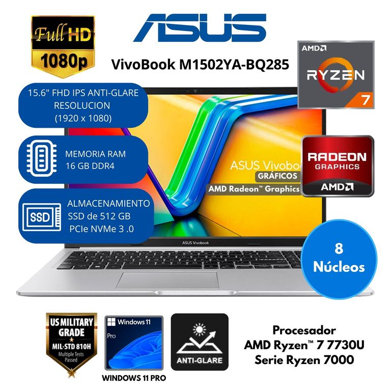 Laptop vivobook AMD Ryzen 7 (M1502YA-BQ285) RAM 16 GB SSD 512 GB 15.6" FHD IPS Windows 11