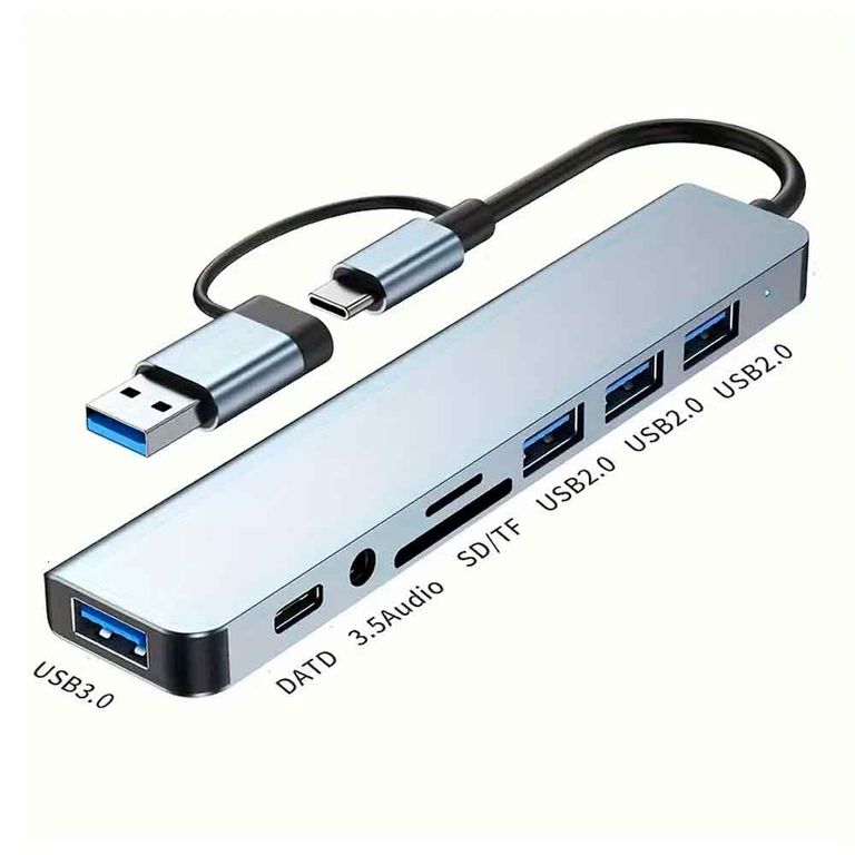 Adaptador 8 en 1 USB C y USB a 4xUSB 1xUSB C, Audio Jack, SD TF, DATD