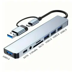 VARIOS - Adaptador 8 en 1 USB C y USB a 4xUSB 1xUSB C, Audio Jack, SD TF, DATD