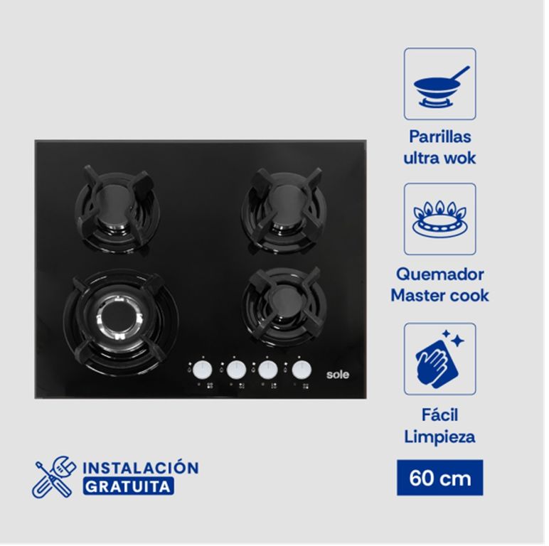 Encimera Vidrio Templado A Gas 60cm SOLCO034