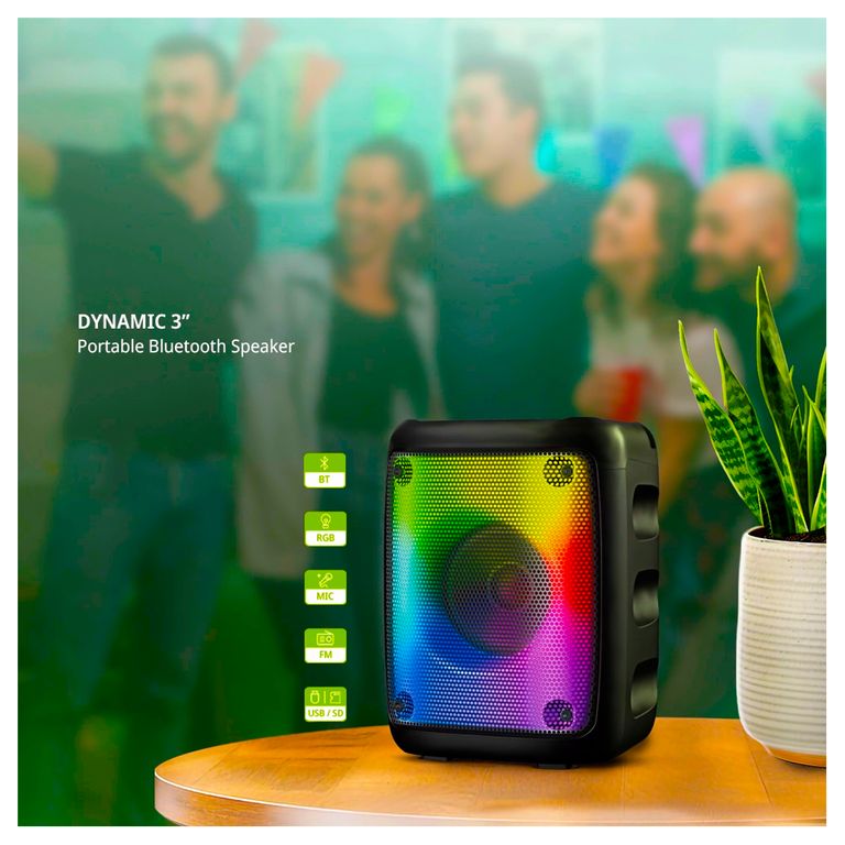 Parlante Portatil RGB Con micrófono Equalizer 3 Radio FM Bluetooth