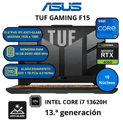 ASUS - Laptop TUF GAMING F15 INTEL CORE i7-RAM 16 GB SSD 1 TB RTX 4060 (8 GB GDDR6)