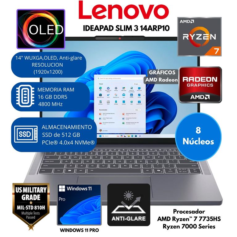 Laptop IdeaPad Slim 3 AMD Ryzen 7 RAM 16 GB SSD 512 GB 14" OLED WUXGA Windows 11