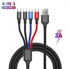 SMART - CABLE 4 EN 1 NEGRO DE NYLON PREMIUM REFORZADO PARA TODOS LOS MOVILES