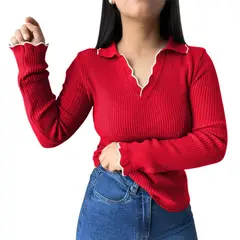 GENERICO - Sueter Mujer Hilo Mlarga Ondulado 359G-21 Color Rojo