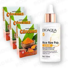 BIOAQUA - PACK 3 JABÓN EN BARRA DE CÚRCUMA 110G + SERUM DE ARROZ CON ÁH 100ML