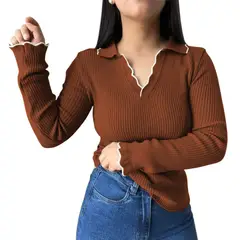 GENERICO - Sueter Mujer Hilo Mlarga Ondulado 359G-21 Color Camello