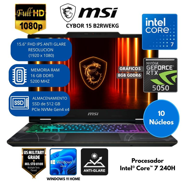 Laptop MSI INTEL CORE 7 (Cyborg 15 B2RWEKG) RAM 16 GB SSD 512 GB 15.6" FHD IPS Windows 11 HOME