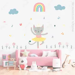 GENERICO - Vinil infantil Gato Bailarina con flores habitacion niña divertida