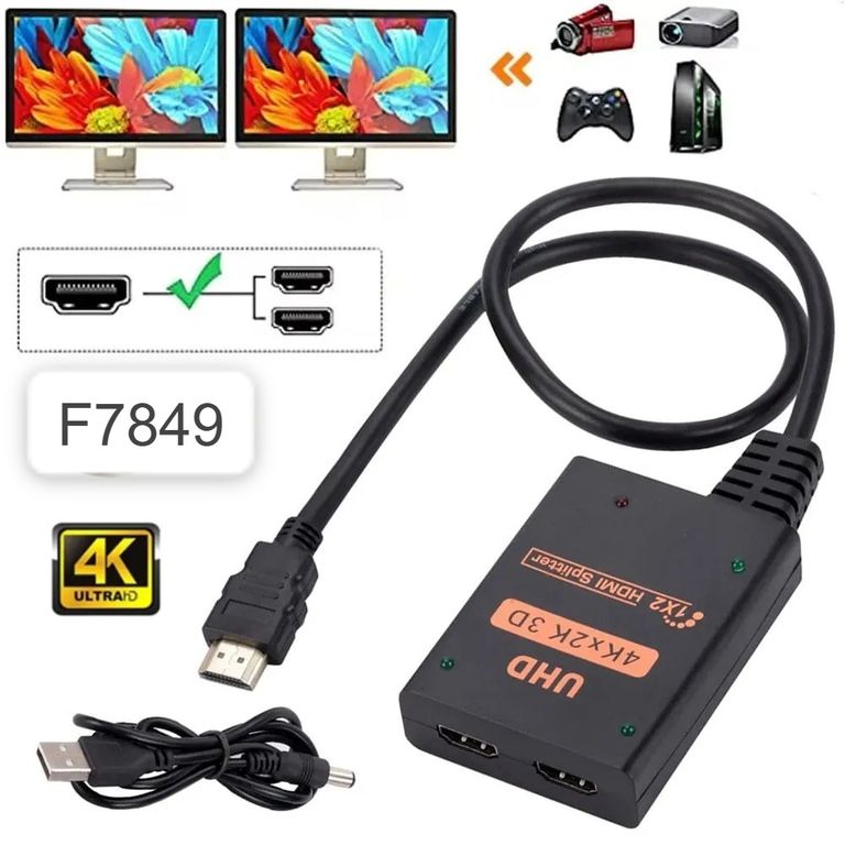 Splitter Hdmi 1x2 Full HD 4K con Cable Multiplica Señal Conecta 2 tv