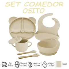 GENERICO - Nuevo Set Comedor de Silicona Osito 6 Pzas -Beige