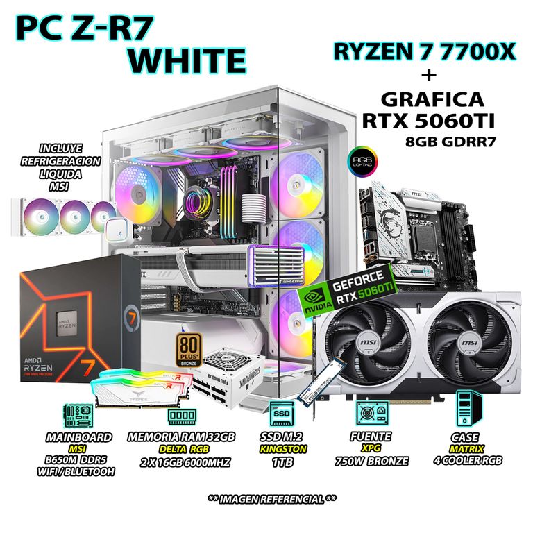 Computadora PC Gamer PRO RYZEN 7 7700X RAM 32GB SSD 1TB GRAFICA RTX 5060TI 8GB