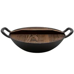 WAYU - WOK DE HIERRO FUNDIDO CON TAPA DE MADERA 32 CM DE DIAMETRO