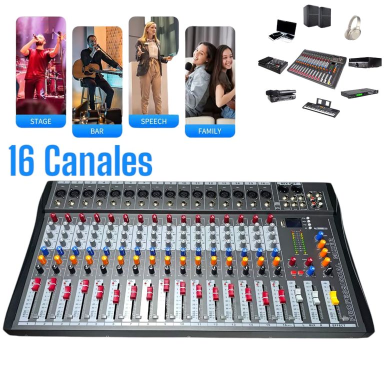 Mezcladora 16Canales Digital con Phantom Reverb Delay y Chorus