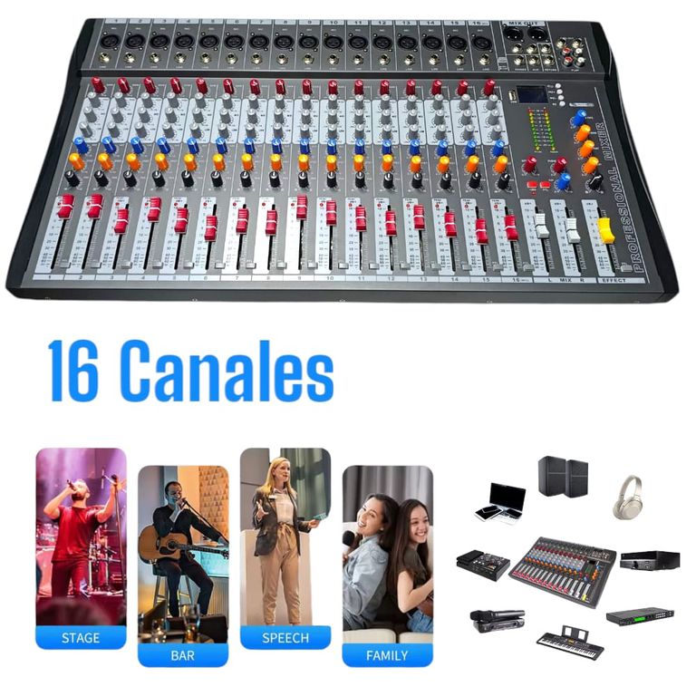 Consola de Sonido 16Canales con Conectividad USB y Reproductor MP3