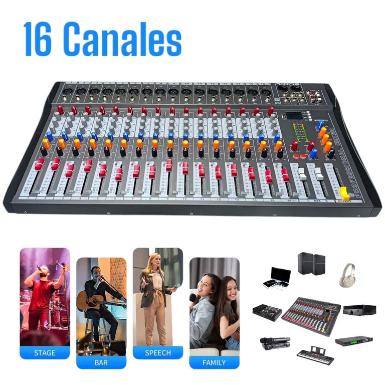 Mezcladora 16Canales Compacta con Ecualizador Gráfico y Bluetooh
