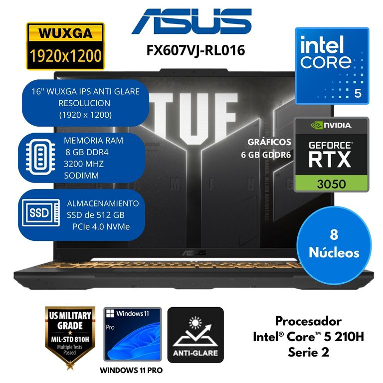 Laptop TUF F16 (FX607VJ-RL016) INTEL CORE 5-RAM 8 GB SSD 512 GB RTX 3050 con 6GB GDDR6 Win 11