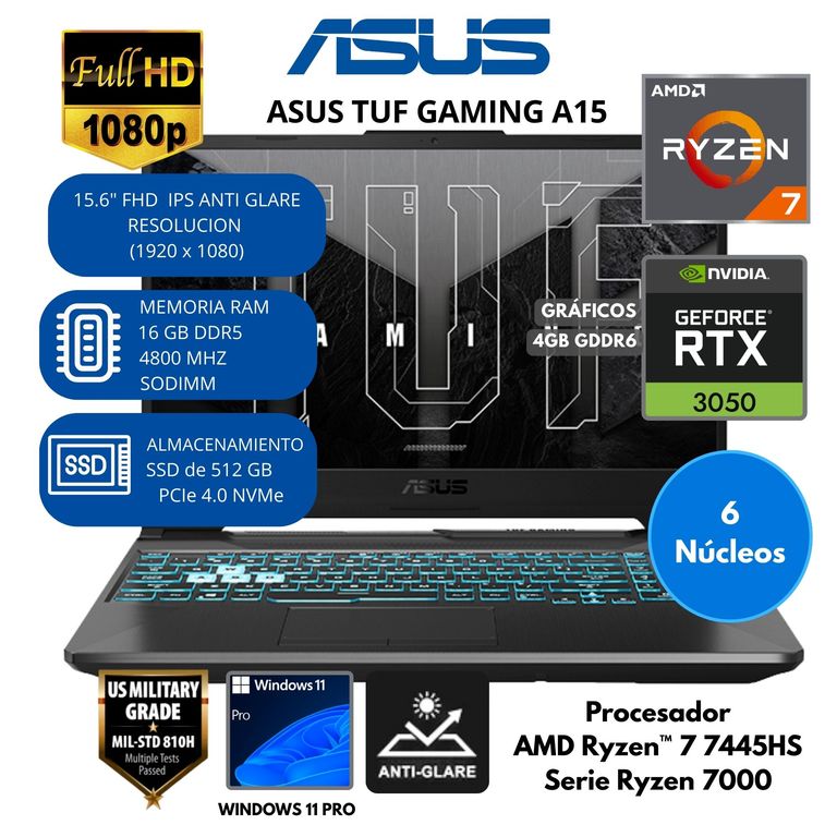 Laptop TUF AMD Ryzen 7 (GAMING A15) RAM 16 GB SSD 512 GB 15.6" FHD IPS Windows 11 PRO