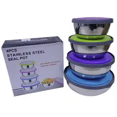 GENERICO - Juego de 4 Bowls o Tazones de Acero con tapa de colores 12,14,16 y18cm