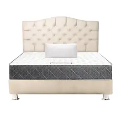 MUEBLES MACRUMO - Combo Cama tapizada Varsovia Beige 15P+Colchon semiortopedico+Almohada
