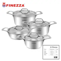 FINEZZA - JUEGO DE OLLAS EN ACERO INOXIDABLE DE 8 PIEZAS