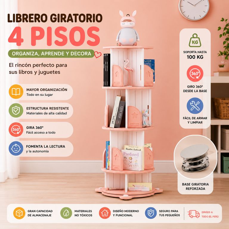 Librero Montessori Giratorio Rosa 360 °4 Niveles - Organizad