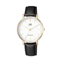 Q&Q - Reloj Q978J111Y para Hombre Bisel Dorado Cuero Negro Esfera Blanca 3 BAR Analógico