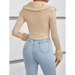 GENERICO - SHEIN Cazadora crop borreguito de peluche puño con cremallera