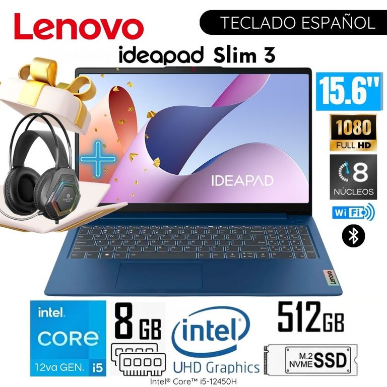 Laptop Ideapad Slim 3 15IAH8 Intel Core i5-12450H 8GB RAM 512GB SSD 15.6" FHD +Audífono Gamer