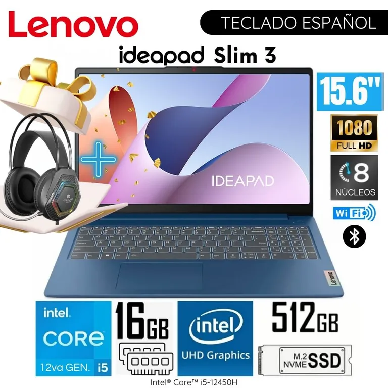 Laptop IdeaPad Slim 3 15IAH8 Intel Core i5-12450H 16GB RAM 512GB SSD 15.6” FHD + Audífono