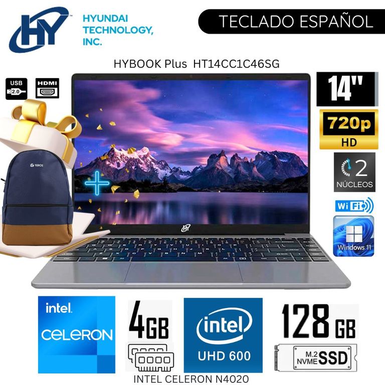Laptop Hybook Plus HT14CC1C46SG Intel Celeron N4020 4GB RAM 125GB SSD 14" HD + Mochila