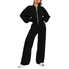 BLWOENS - Chaqueta de manga larga y pantalones largos para mujeres - 2 piezas - Negro