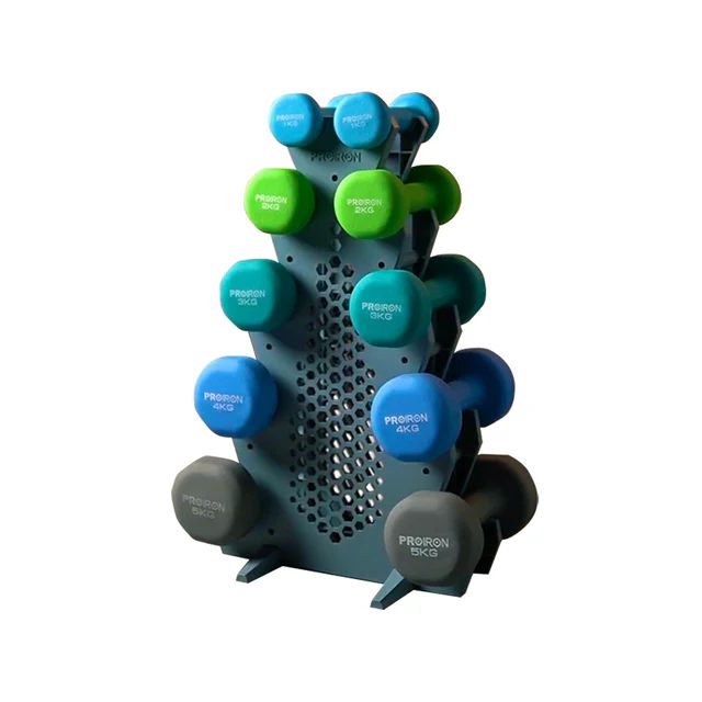 Set de mancuernas de neopreno de 1KG Celeste, 2KG, 3KG, 4KG y 5KG + Rack 5 niveles