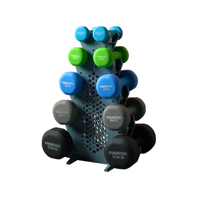 Set de mancuernas de neopreno de 1KG Celeste, 2KG, 4KG, 5KG y 10KG + Rack 5 niveles