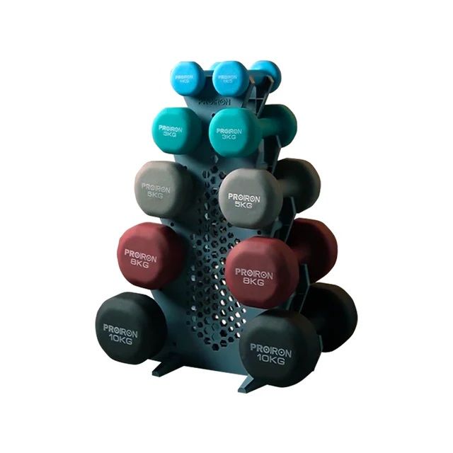 Set de mancuernas de neopreno de 1KG Celeste, 3KG, 5KG, 8KG y 10KG + Rack 5 niveles