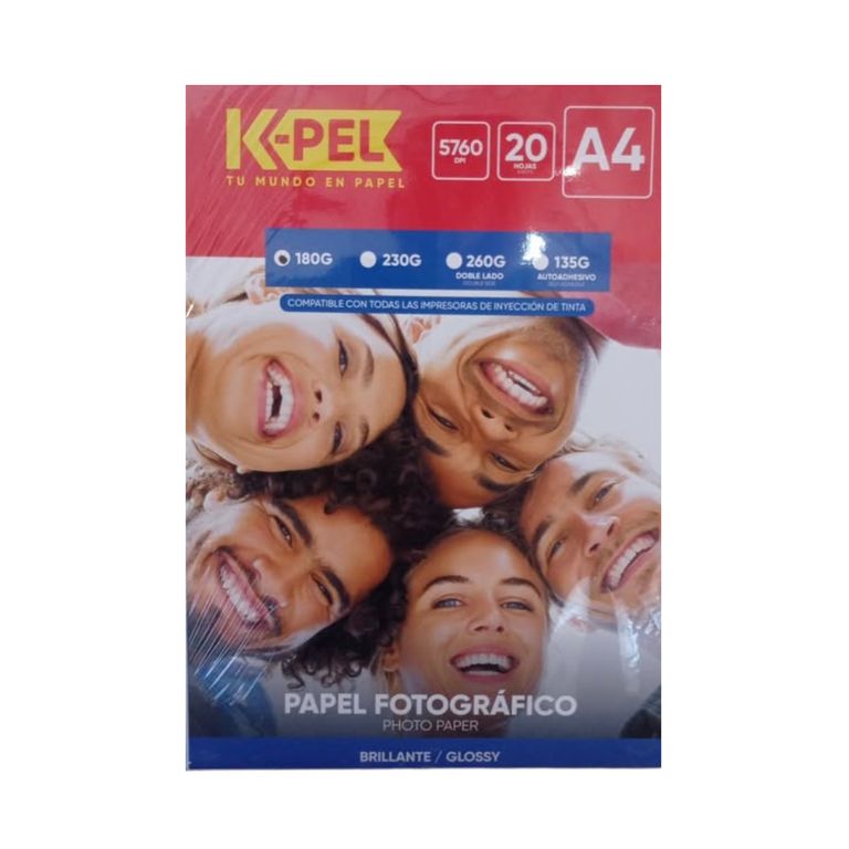 PAPEL FOTOGRÁFICO A4 BRILLANTE 180GR PARA IMPRESORAS DE TINTA 20 HOJAS