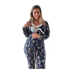 GENERICO - Pijama Maternal Pantalon Floreado Azul Algodon Sistema Lactancia
