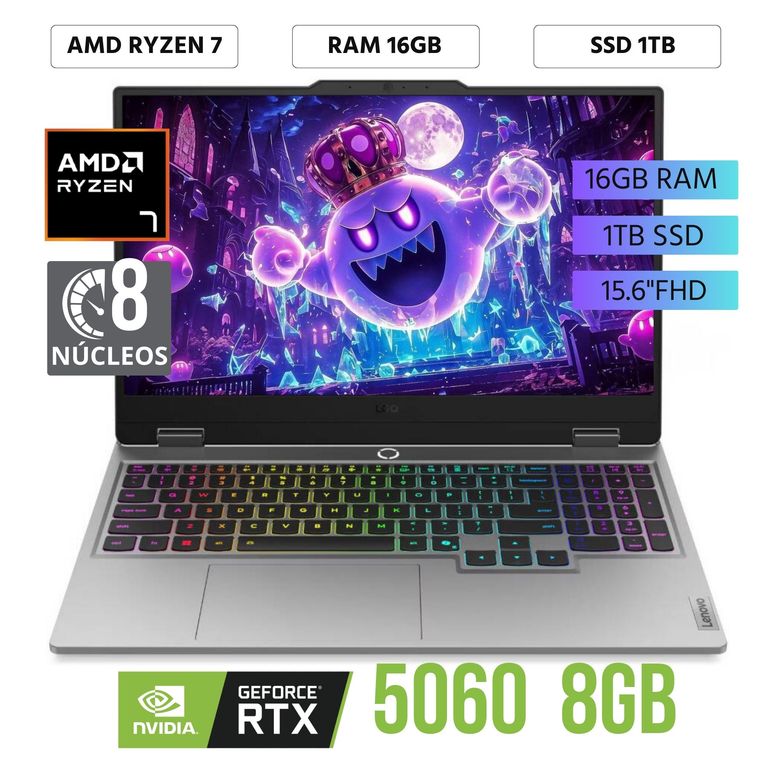 Laptop LOQ 15ARP10 AMD Ryzen 7 250 Ram 16Gb SSD 1Tb RTX 5060 8Gb 15.6"FHD FreeDos