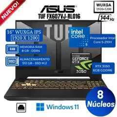 ASUS - Laptop TUF F16 FX607VJ-RL016 16" WUXGA, Core 5-210H, Ram 8GB, Ssd 512GB, RTX 3050 6GB, Win 11