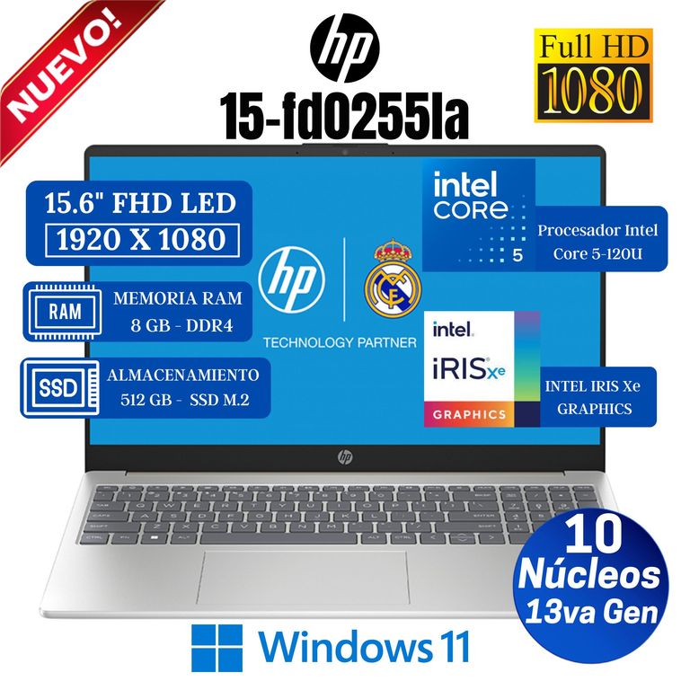 Laptop 15-fd0255la 15.6" FHD, Intel Core 5-120U, Ram 8GB, Ssd 512GB, Win 11 Pro